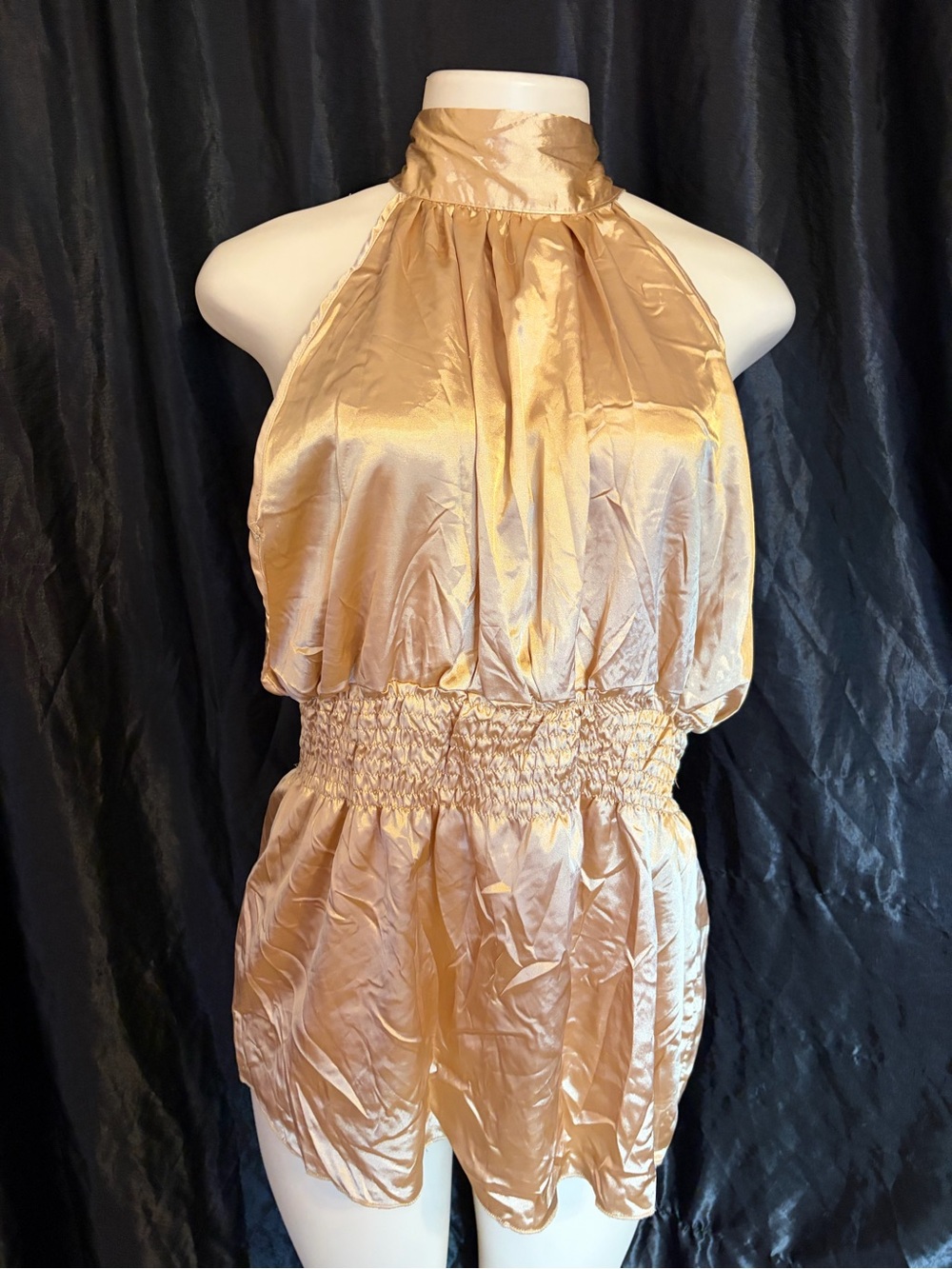 High-Neck Halter Satin Top in Champagne